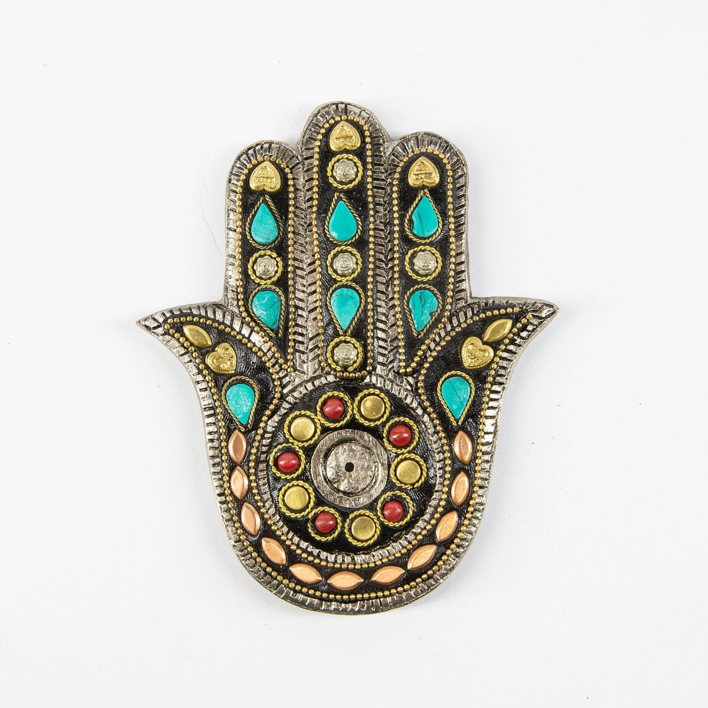 HAMSA INCENSE HOLDER- TURQUOISE AND COPPER