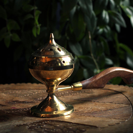 BRASS CENSER BURNER WITH WOODEN HANDLE, 9" L, 3" D